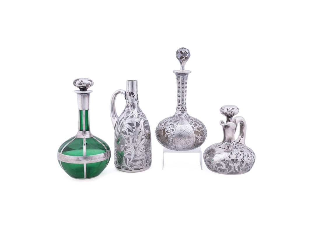FOUR .999 SILVER OVER GLASS DECANTERS (1 of 11)