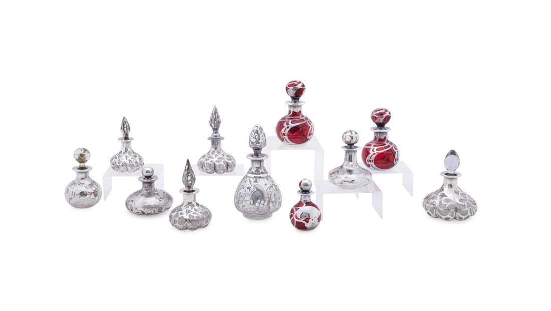 ELEVEN .999 SILVER OVER GLASS PERFUME BOTTLES (1 of 7)