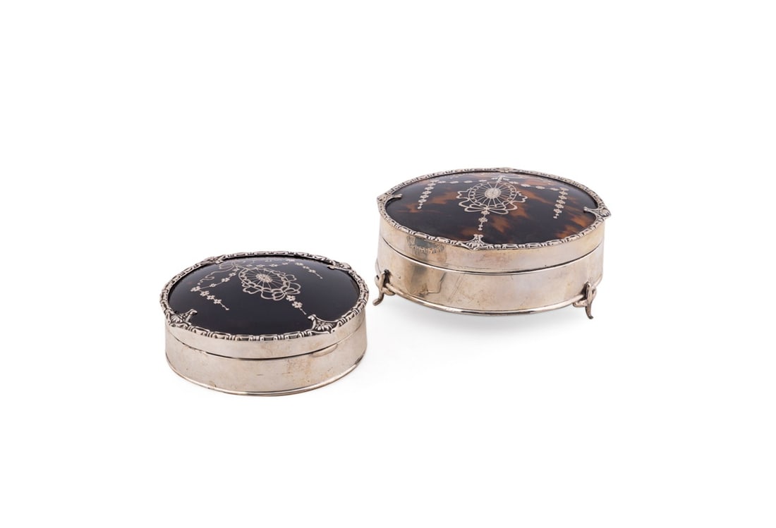 TWO EDWARDIAN ROUND STERLING & SHELL INLAID BOXES (1 of 11)