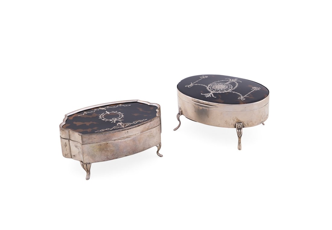 TWO ENGLISH SILVER OVERLAY SHELL MOUNTED BOXES: English, early 20th century. Group of two sterling and shell dresser boxes with silver overlay, comprising one Birmingham 1918 cartouche-form box and one William Comyns & Sons Ltd (English (Birmingham