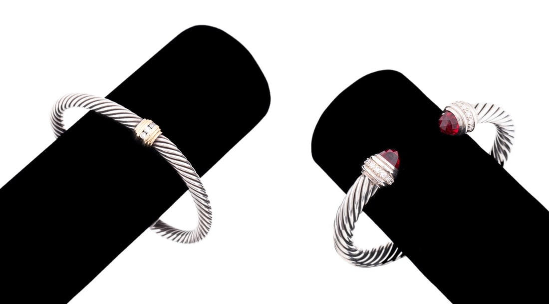 DAVID YURMAN, 2 SILVER CABLE CUFFS, GARNET, GOLD (1 of 16)