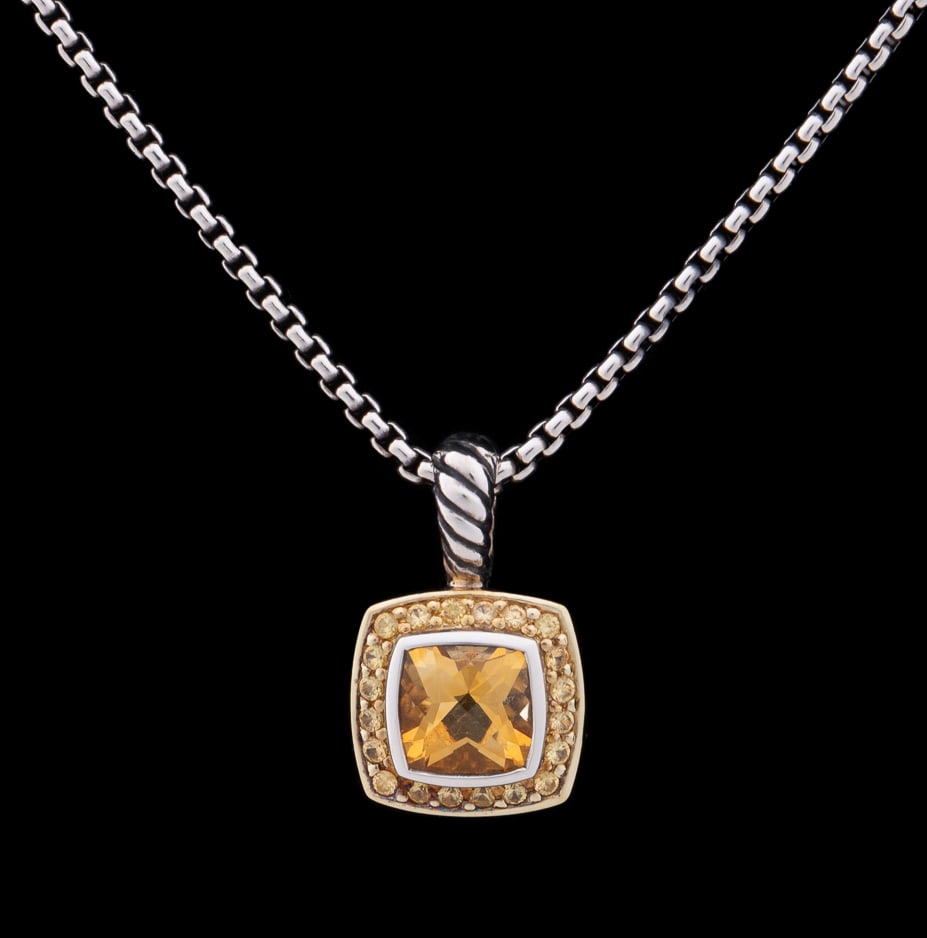 DAVID YURMAN, CITRINE & SAPPHIRE NECKLACE: David Yurman. Citrine and sapphire accented necklace, weighing approximately 3.05 total carats, set in 18k yellow gold with sterling silver chain having a lobster claw clasp. Marked "750 / D.Y. / 925"