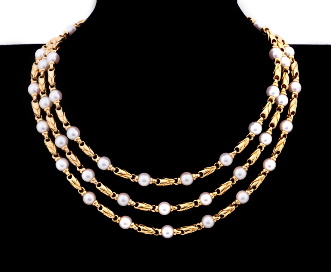 BVLGARI TRIPLE CHAIN PEARL & GOLD LINK NECKLACE (1 of 9)