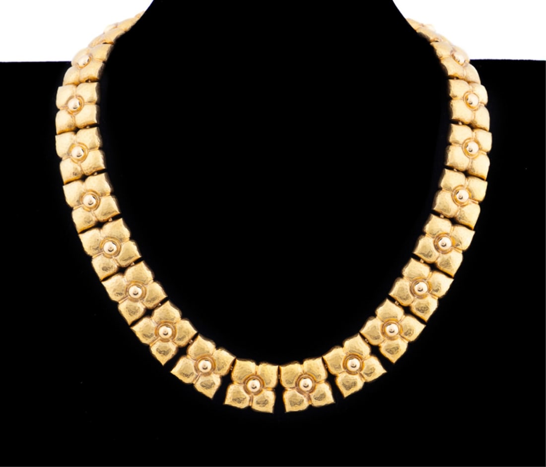 PALOMA PICASSO FOR TIFFANY, 18K GOLD COLLAR: Paloma Picasso for Tiffany & Co. 18k yellow gold collar necklace featuring (26) custom cast and hand finished floral links with a concealed tension clasp assembly and side arm safety wire. Marked "Tif