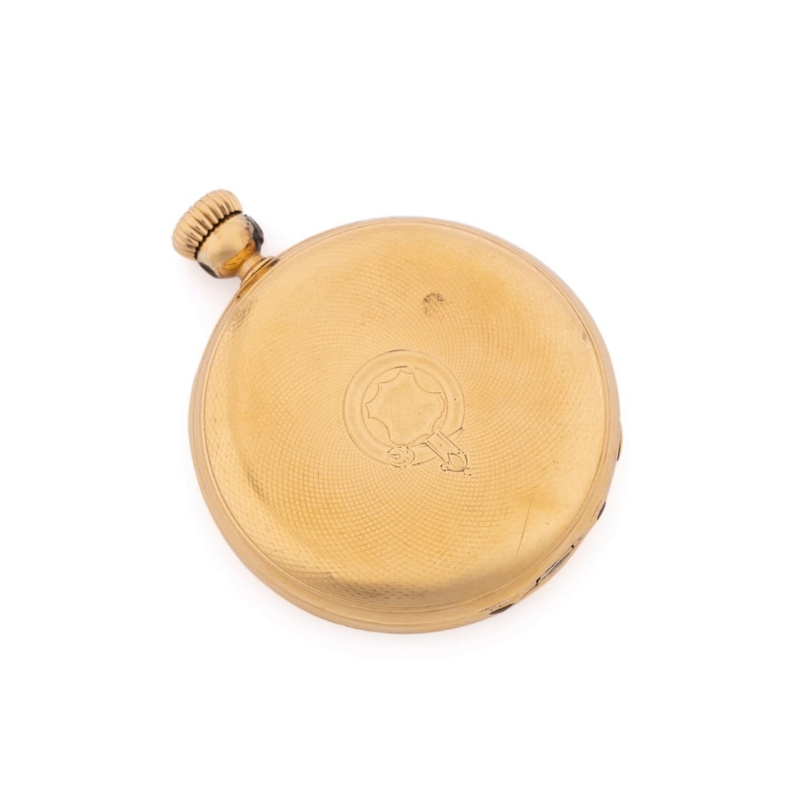 PATEK PHILIPPE, 18K YELLOW GOLD POCKET WATCH: Patek Philippe. 18k yellow gold hunter pocket watch, case No. 26638, comprising unmarked jeweled movement, white porcelain dial with subsidiary second hand dial, replaced mineral crystal,and inner dus