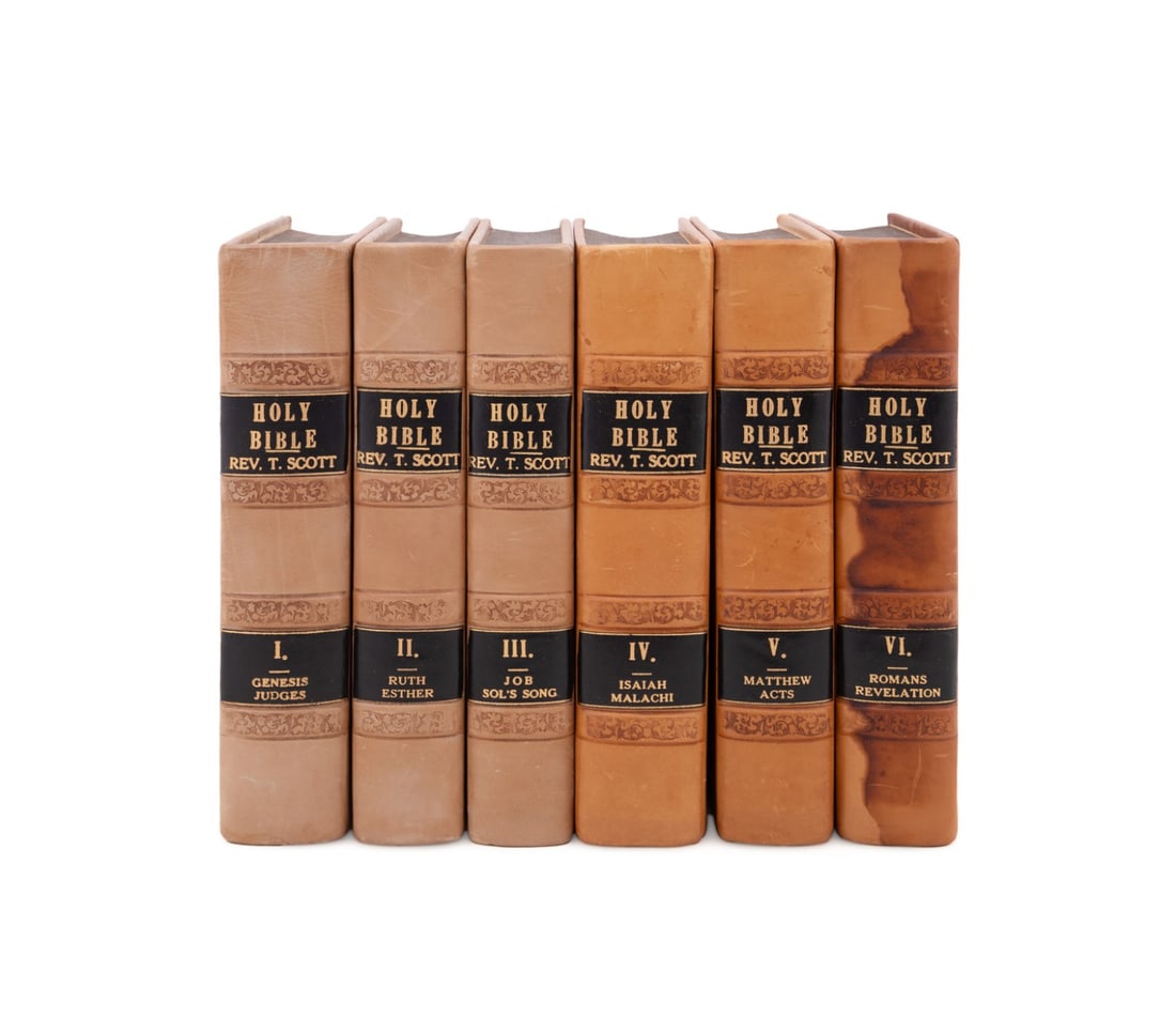 THOMAS SCOTT, 6 VOL. BIBLE SET, TAN LEATHER, 1835: Bible in English. "The Holy Bible, Containing the Old and New Testaments, According to the Authorized Version; with Explanatory Notes, Practical Observations, and Copious Marginal References, by Thoma