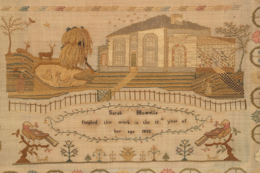 LARGE NEEDLEPOINT SAMPLER, 1832, FRAMED - 3