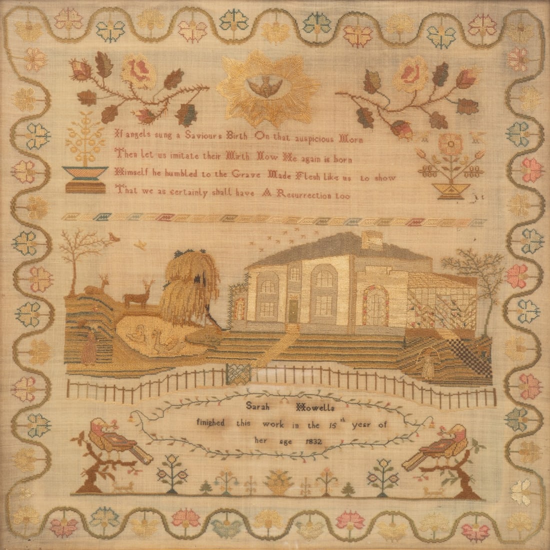 LARGE NEEDLEPOINT SAMPLER, 1832, FRAMED - 4
