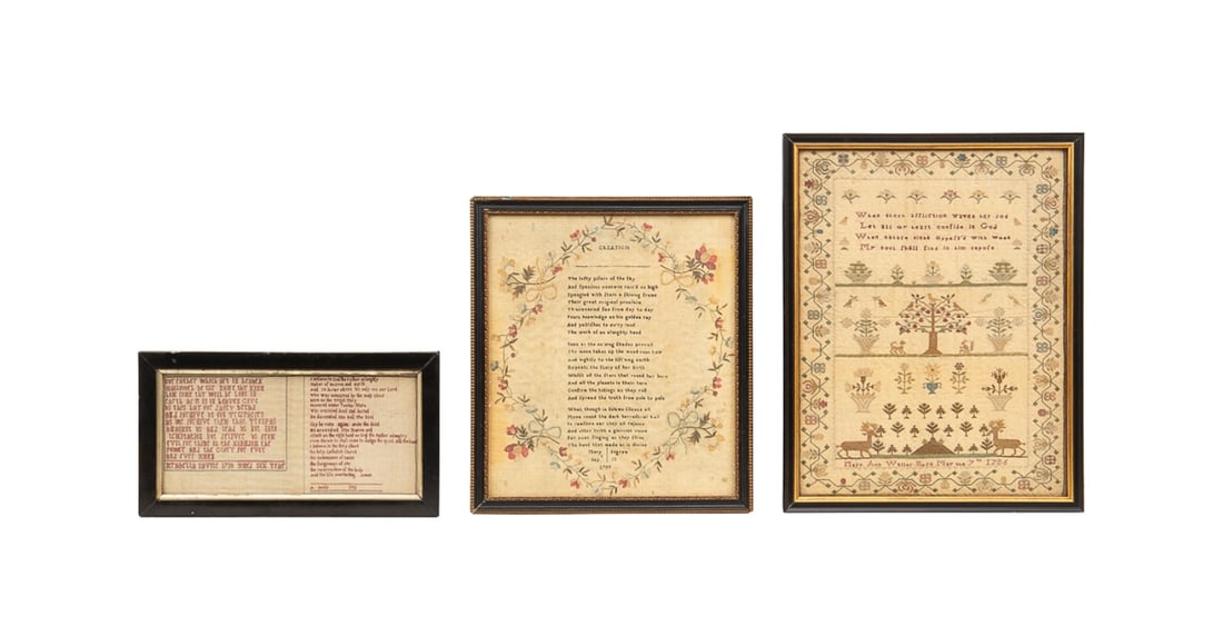 THREE 18TH C. NEEDLEPOINT SAMPLERS, FRAMED (1 of 8)