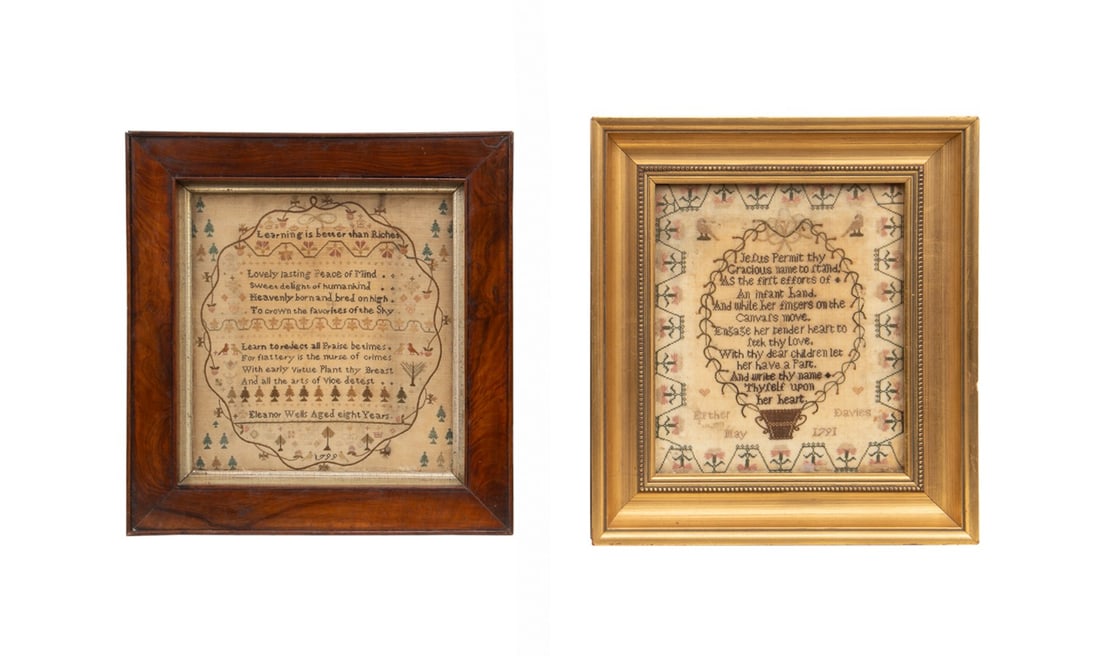 TWO 18TH C. NEEDLEPOINT SAMPLERS, FRAMED (1 of 7)