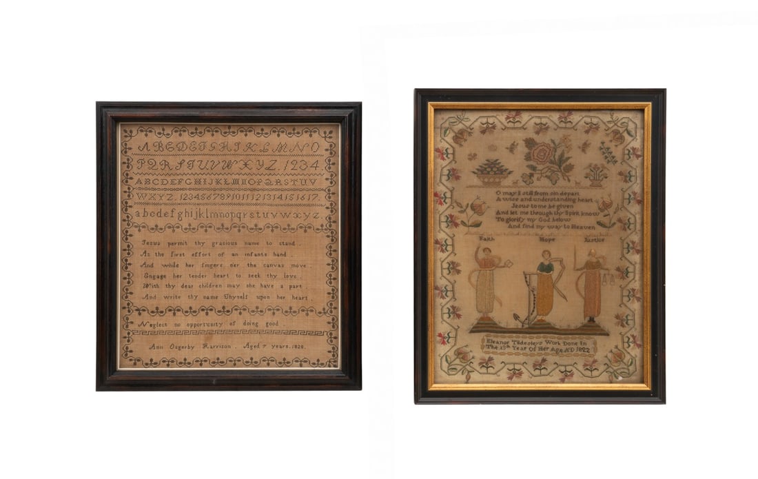 TWO EARLY 19TH C. NEEDLEPOINT SAMPLERS, FRAMED (1 of 6)