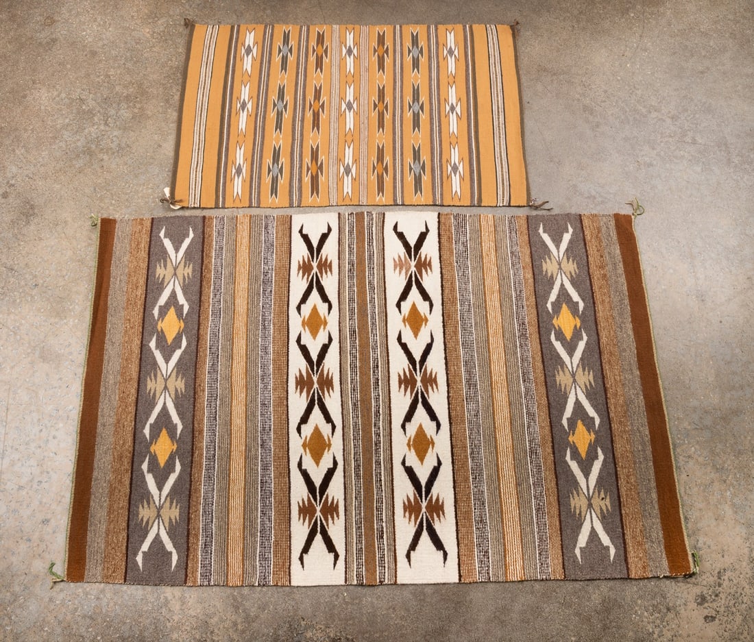 TWO OCHRE AND GREY HANDWOVEN NAVAJO RUGS (1 of 6)