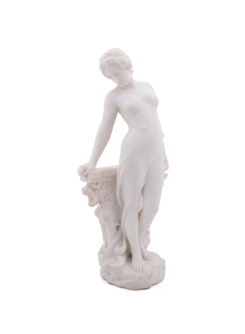 EMILIO FIASCHI, FEMALE NUDE ALABASTER SCULPTURE: Emilio Fiaschi (Italian, 1858-1941). Female nude - late 19th-early 20th century, alabaster, signed "E. Fiaschi" to back. Approximate dimensions: overall h. 23.25", w. 10.75", d. 6.5".