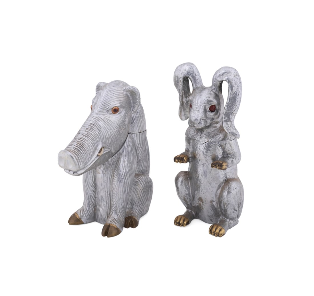 ARTHUR COURT, RABBIT & BOAR CHAMPAGNE COOLERS: Arthur Court (American, founded 1966), late 20th century. Group of two large sand-cast aluminum and brass champagne coolers comprising, a rabbit (circa 1986), and a wild boar (circa 1988), each having