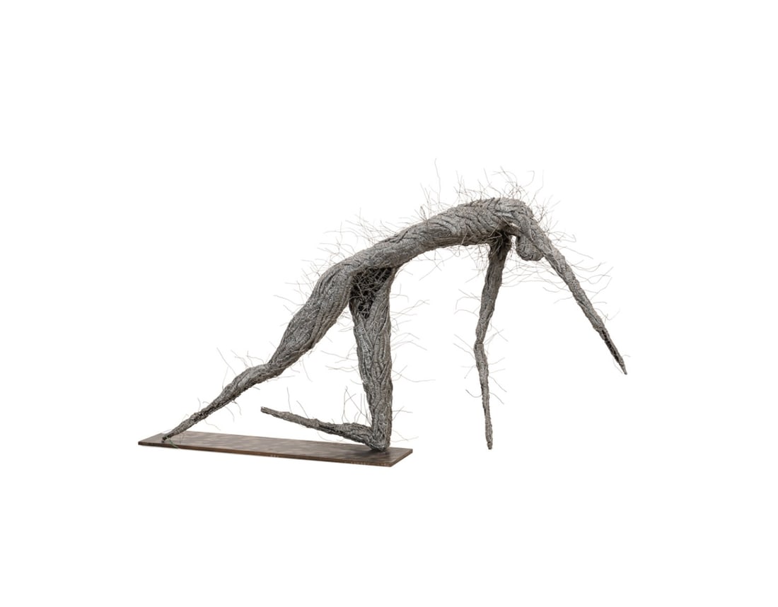 IRA SAPIR, WOVEN STEEL FIGURE IN MOTION SCULPTURE: Ira Sapir (American, born 1955). Untitled - Abstract Figure - 1995, woven steel over a figural steel substrate, etched signature "Sapir" and dated to side edge of base. Provenance: Private Collection,