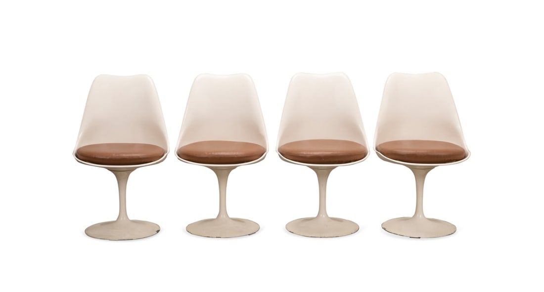 4 KNOLL WHITE 'TULIP' SIDE CHAIRS, LEATHER CUSHION (1 of 5)