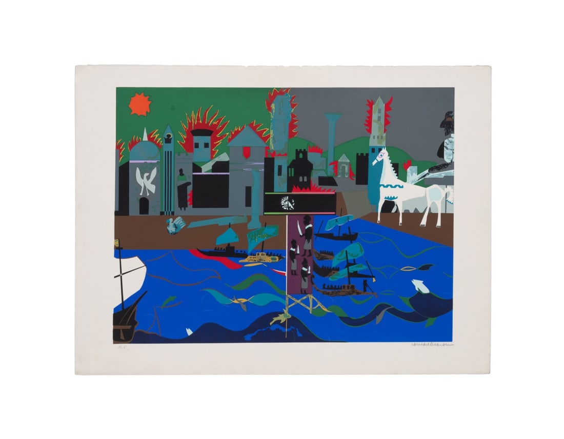 ROMARE BEARDEN, 'THE FALL OF TROY' SERIGRAPH, 1979: Romare Bearden (American, 1911-1988). "The Fall of Troy" from the Odysseus Suite - 1979, screenprint / serigraph on Lana paper, editioned in pencil "H.C." ("Hors Commerce") under image LL, signed in