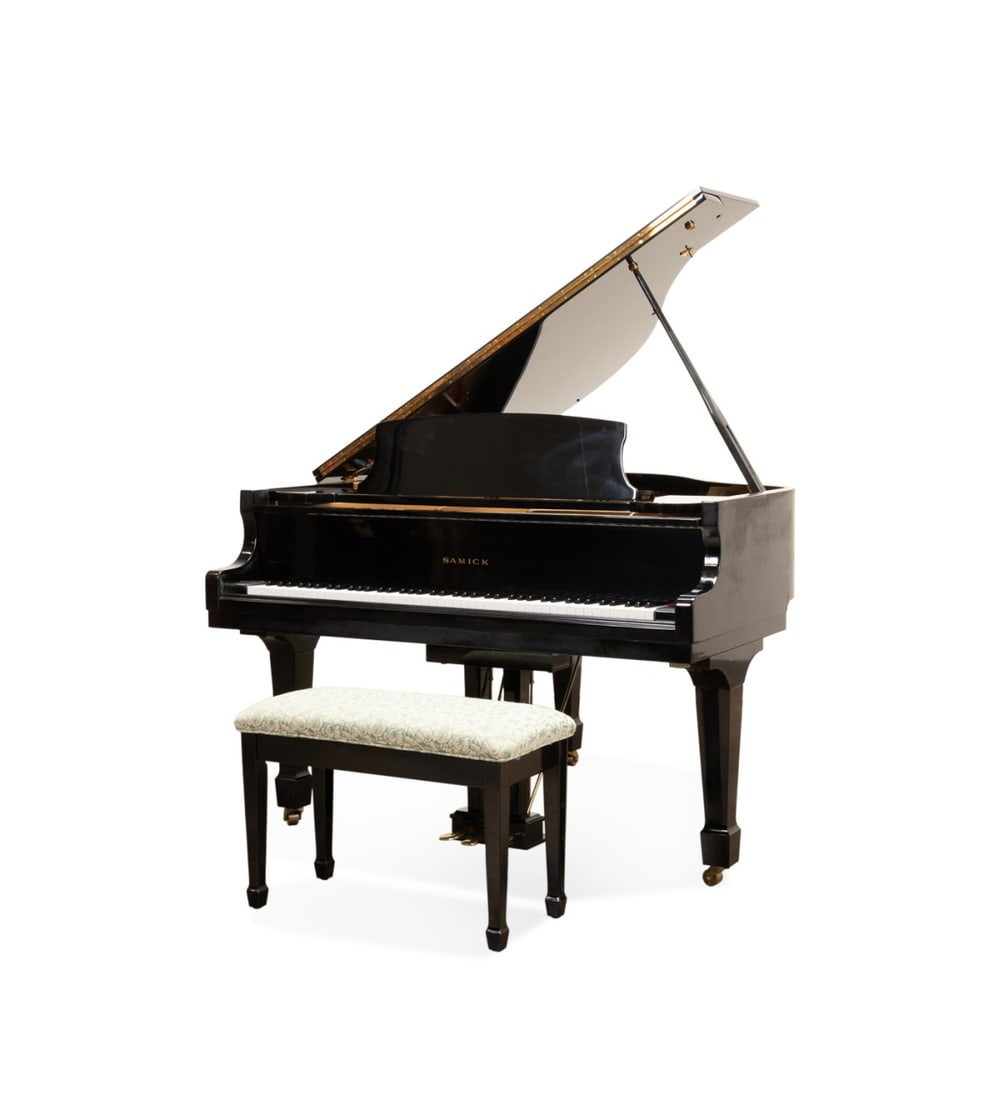 SAMICK BLACK SG-155 BABY GRAND PIANO W/ BENCH: Samick Musical Instruments Co., Ltd. (South Korea, founded 1958), 1984-1988. Black lacquered SG-155 baby grand piano and bench, several maker's marks, serial no. 853240 and model no. SG-115 to metal
