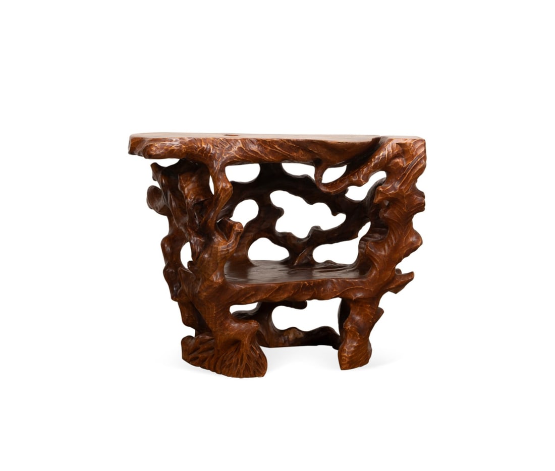 AMERICAN STUDIO ORGANIC CARVED CYPRUS ROOT BAR: American, second half 20th century. Organic carved Cyprus root bar or console table, apparently unmarked. Provenance: Private Collection, Marietta, GA. Approximate dimensions: h. 37.5", w. 46.5", d.