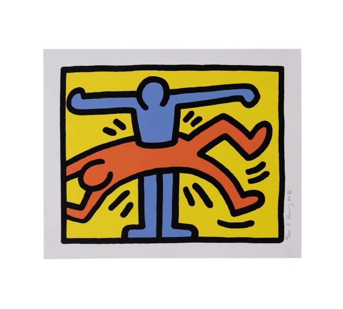 KEITH HARING, 'POP SHOP VI (PLATE 1)', 1989: Keith Haring (American, 1958-1990). "Pop Shop VI (Plate 1)" - 1989, silkscreen on paper, numbered 46 of 200, signed, and dated in pencil to right of image, blindstamped iguana to LL corner. Unframed. 