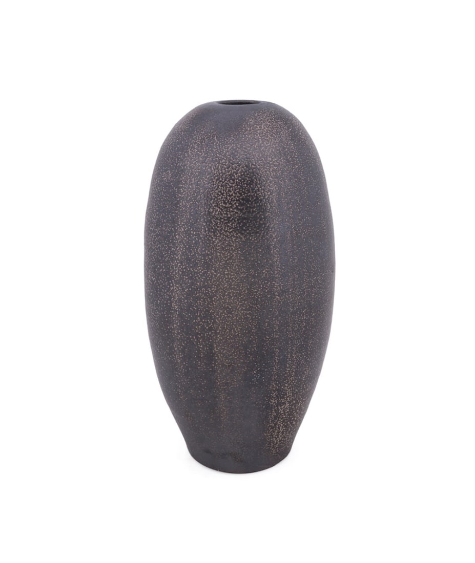 ATT. ALEX MATISSE, ELONGATED OVOID SALT GLAZE VASE: Attributed to Alex Matisse (American, born 1984). Black elongated ovoid pot - 21st century, wood fired salt glazed stoneware. Note: Alex Matisse, founder of the Asheville-based pottery company East Fo