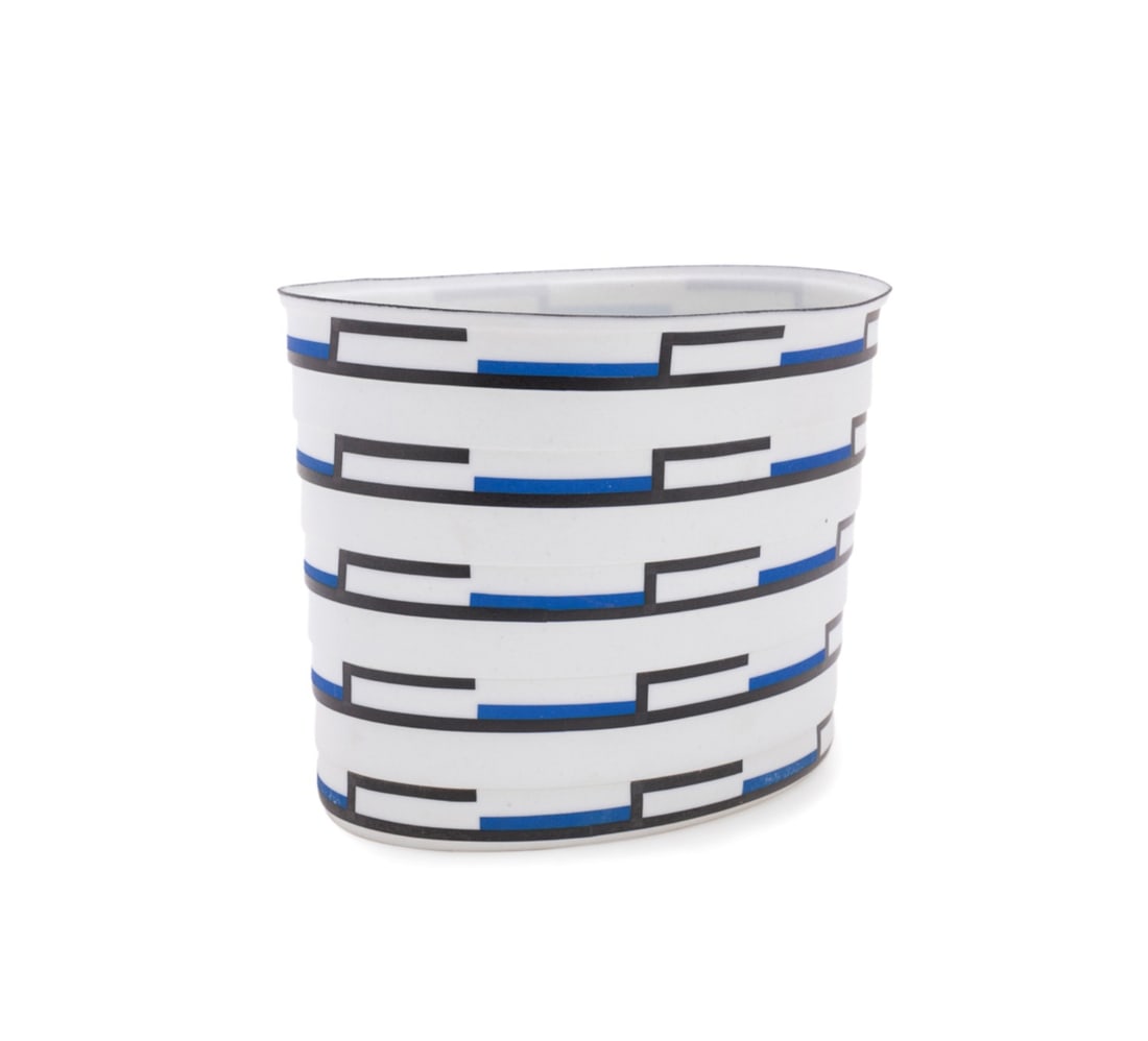 BODIL MANZ, OVAL FORM PORCELAIN VESSEL: Bodil Manz (Danish, born 1943). Untitled - oval form vessel with blue and black accents, transfer-decorated porcelain, signed "Bodil Manz" to underside with artist's cipher. Approximate dimensions: h.