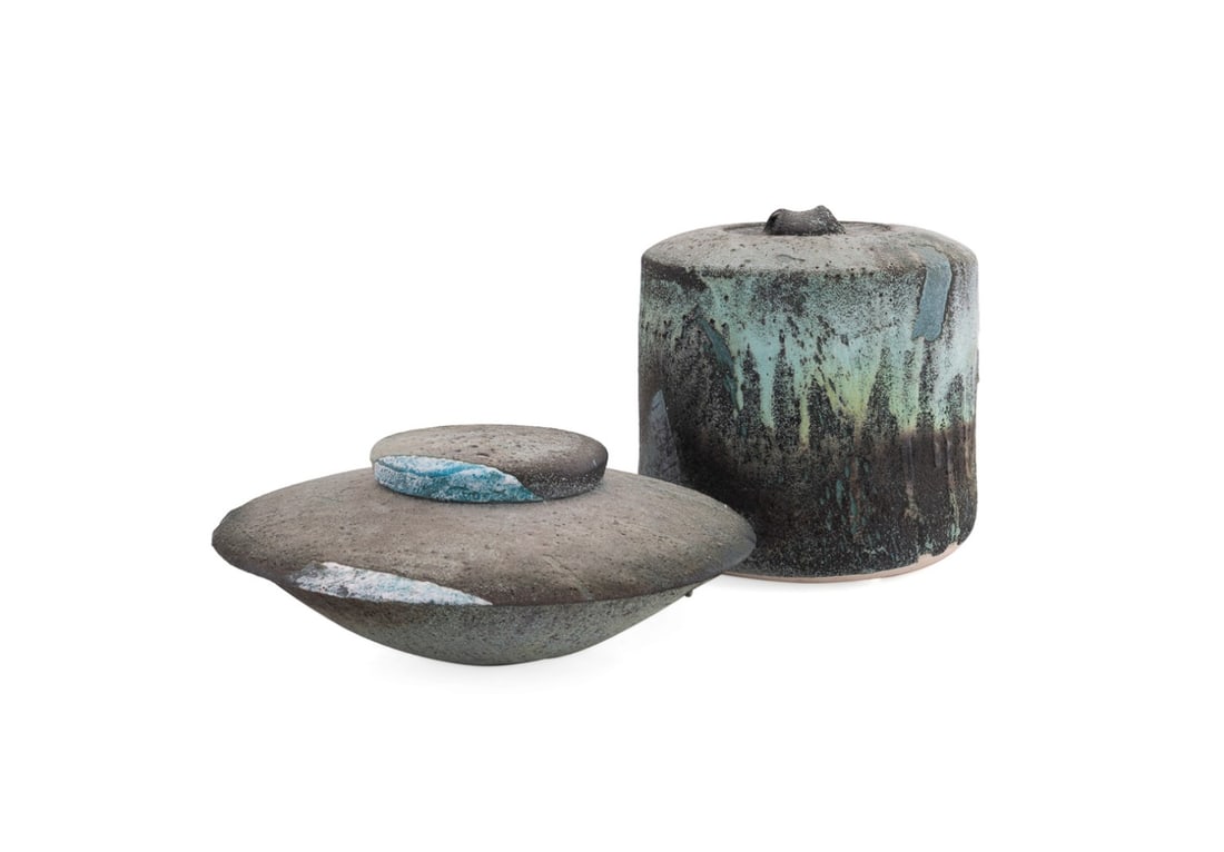 JERRY MASCHINOT, TWO LIDDED POTTERY VESSELS (1 of 10)