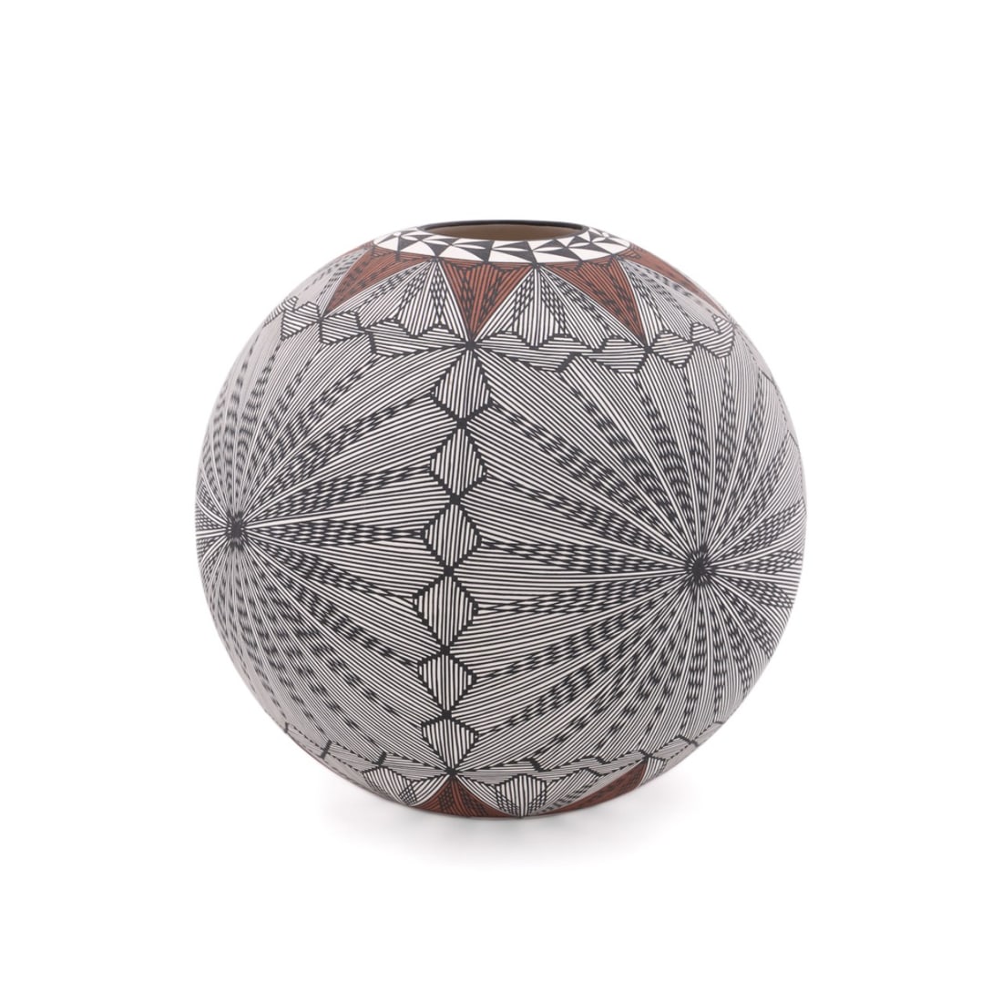 CORRINE CHINO, ACOMA POTTERY VESSEL: Corrine Chino (Indigenous American, Acoma Pueblo, born 1950s). White, black, and red pottery vessel - 20th-21st century, signed "Chino" to underside". Approximate dimensions: h. 10.5", dia. 11".