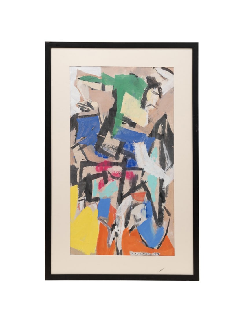 VACLAV VYTLACIL, FIGURAL ABSTRACT, 1971, GOUACHE: Vaclav Vytlacil (American, 1892-1984). Untitled - figural abstract, 1971, gouache on paper, signed and dated to LR. Framed. Approximate dimensions: sight h. 39.125", w. 21.125"; frame h. 49.25", w. 31