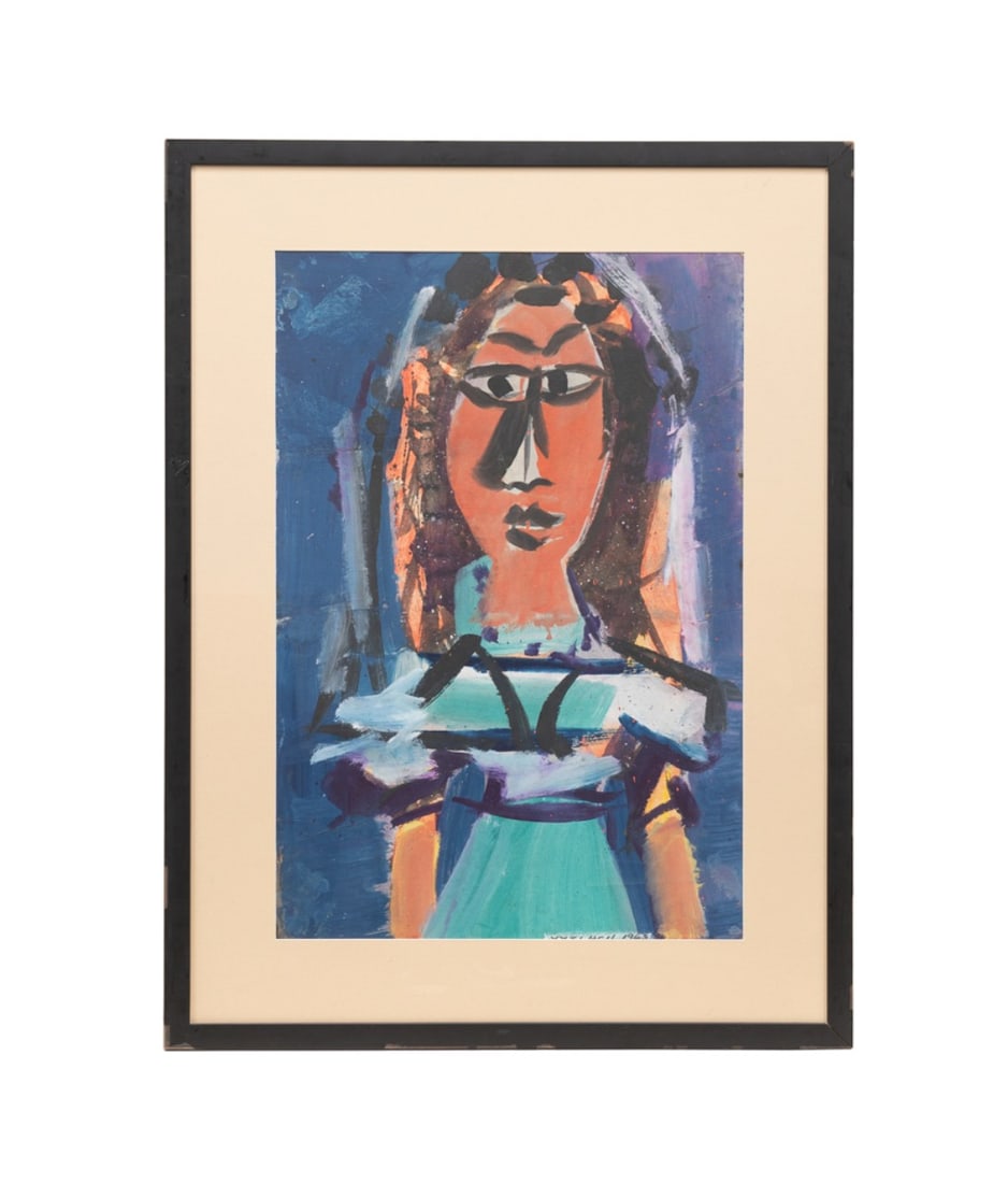 VACLAV VYTLACIL, WOMAN IN A GREEN DRESS, 1963: Vaclav Vytlacil (American, 1892-1984). Untitled - Woman in a Green Dress, 1963, gouache on paper pasted to board, signed and dated to LR. Framed. Approximate dimensions: sheet h. 32.125", w. 22"; fram