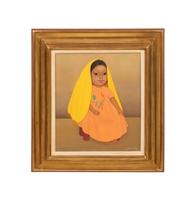 GUSTAVO MONTOYA, GIRL WITH BIRD TOY, OIL ON CANVAS