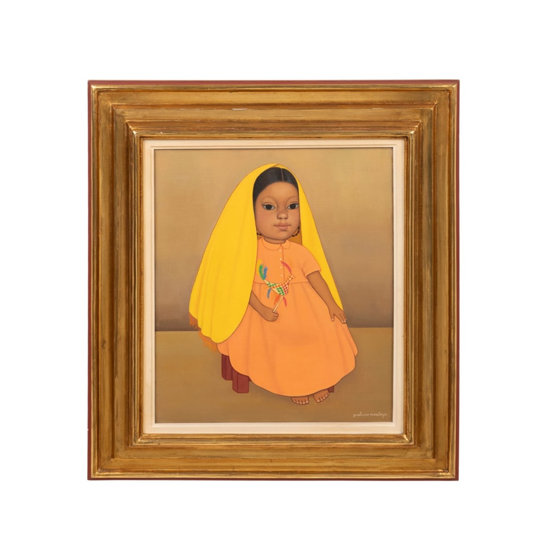 GUSTAVO MONTOYA, GIRL WITH BIRD TOY, OIL ON CANVAS: Gustavo Montoya (Mexican, 1905-2003). Untitled - girl holding bird toy, 20th century, oil on canvas, signed "Gustavo Montoya" to LR. Framed. Approximate dimensions: canvas h. 22.25", w. 18.25"; frame 