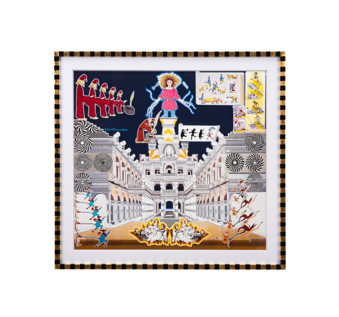 PEDRO FRIEDEBERG, 'SCHLOSS STRUWWELPETER', PRINT: Pedro Friedeberg (Italian / Mexican, born 1936). "Schloss Struwwelpeter", color serigraph on paper, pencil signed to LR, artist's stamp and numbered 29/50 to LL. Framed. Approximate dimensions: sight 