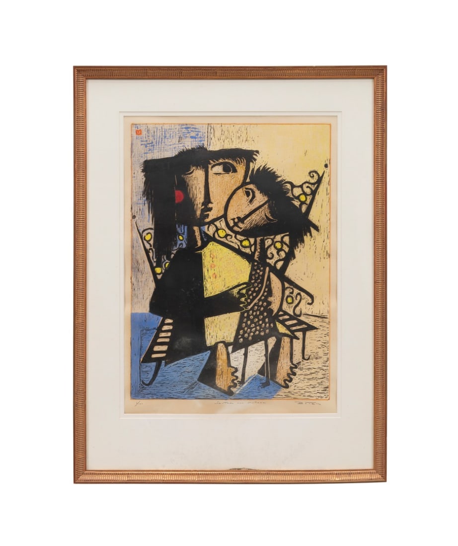 BOTELLO, 'SENTADA CON MUNECA', WOODBLOCK PRINT: Angel Botello y Barros (Spanish / Puerto Rican, 1913-1986). "Sentada con Muneca" - 20th century, polychrome woodcut on paper, numbered, titled, and signed under image in pencil "6/100 / Sentada con Mu
