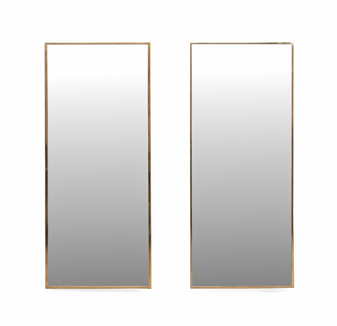 PR, PAUL MCCOBB IRWIN COL. BRASS HANGING MIRRORS: Paul McCobb (American, 1917-1969) for Calvin Furniture Company (American, founded 1953), c. 1953. Pair of brass framed hanging mirrors, from the "Irwin Collection", apparently unmarked. Approximate di