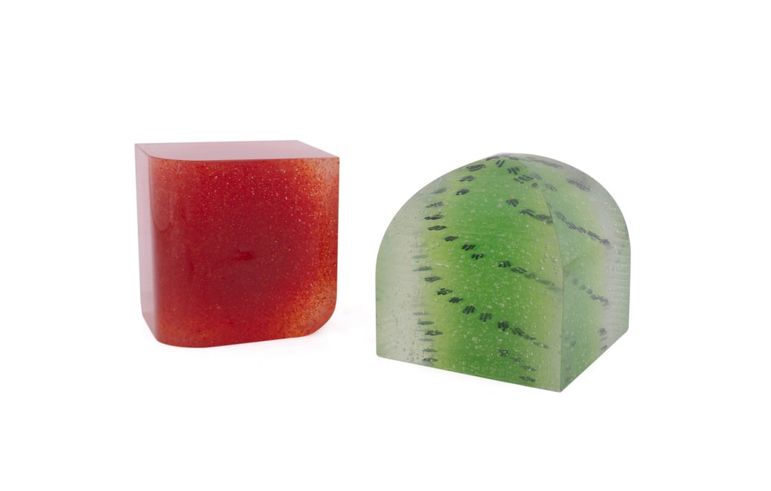 EMMA VARGA, TWO MILESTONE SERIES GLASS SCULPTURES: Emma Varga (Yugoslavian / Australian, born 1952). Two Milestone series sculptures - 2007 (red) and 2008 (green), layered, fused and cast glass, both signed and dated to base. Provenance: Private Colle