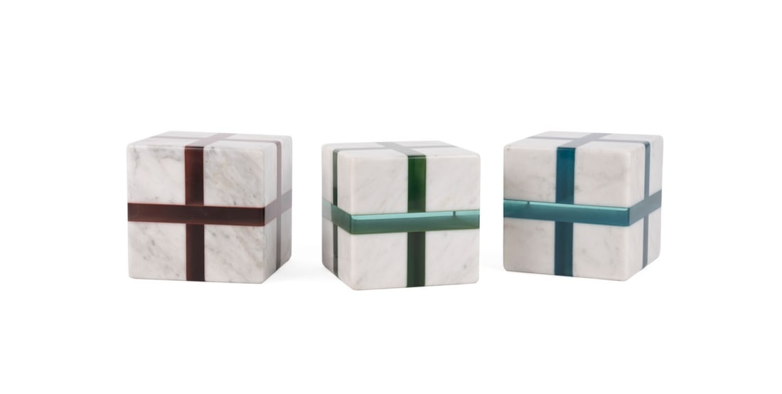 3 JOHN EDGAR MARBLE & GLASS 'CUBE' SCULPTURES: John Edgar, ONZM (New Zealander, 1950-2021). Three "Cube" - first quarter 21st century, Italian white marble and glass sculptures, in red, blue, and green. Apparently unsigned. Provenance: Private Col
