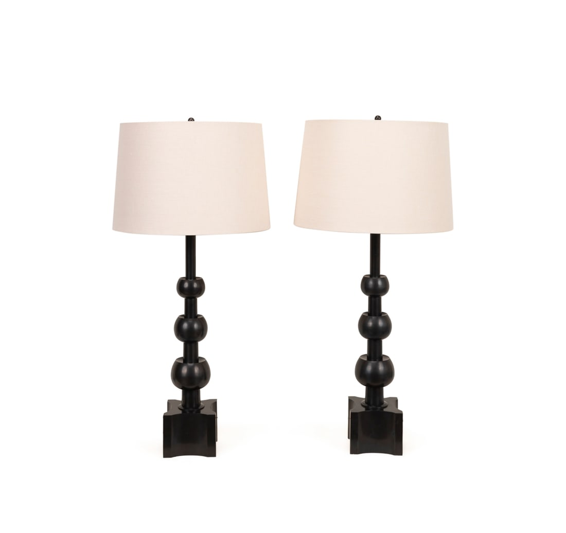 PR. PARZINGER + STIFFEL STYLE TABLE LAMPS, VAUGHAN: Vaughan Designs (English / American, founded 1983). Pair of "Hardwick" table lamps in the style of Tommi Parzinger for Stiffel, having a modern stacked sphere design, with a patinated gunmetal finish,