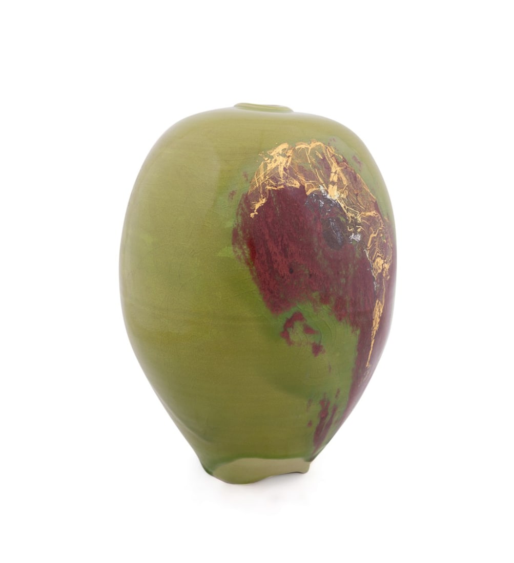 GREG DALY, GOLD ACCENT OLIVE & MAROON TRIPOD VASE: Greg Daly (Australian, born 1954). Untitled - Large Gold Accent Olive & Maroon Tripod Vase - undated, polychrome enamel earthenware, gold and silver leaf, impressed marks and signed to the underside.