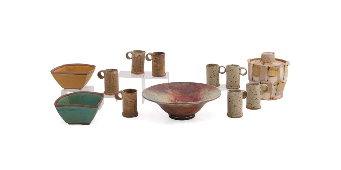 GROUP OF TWELVE PIECES OF MODERN POTTERY: American school, 20th to 21st century. Group of twelve pieces of modern studio pottery comprising one lidded jar, one large center bowl with a colorful glaze, two square shape bowls (turquoise and