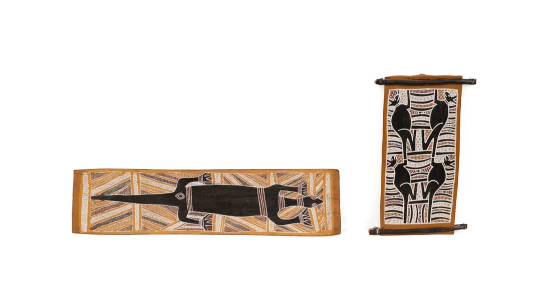 TWO ABORIGINAL PAINTINGS, GOANNA & WALLABIES (1 of 9)