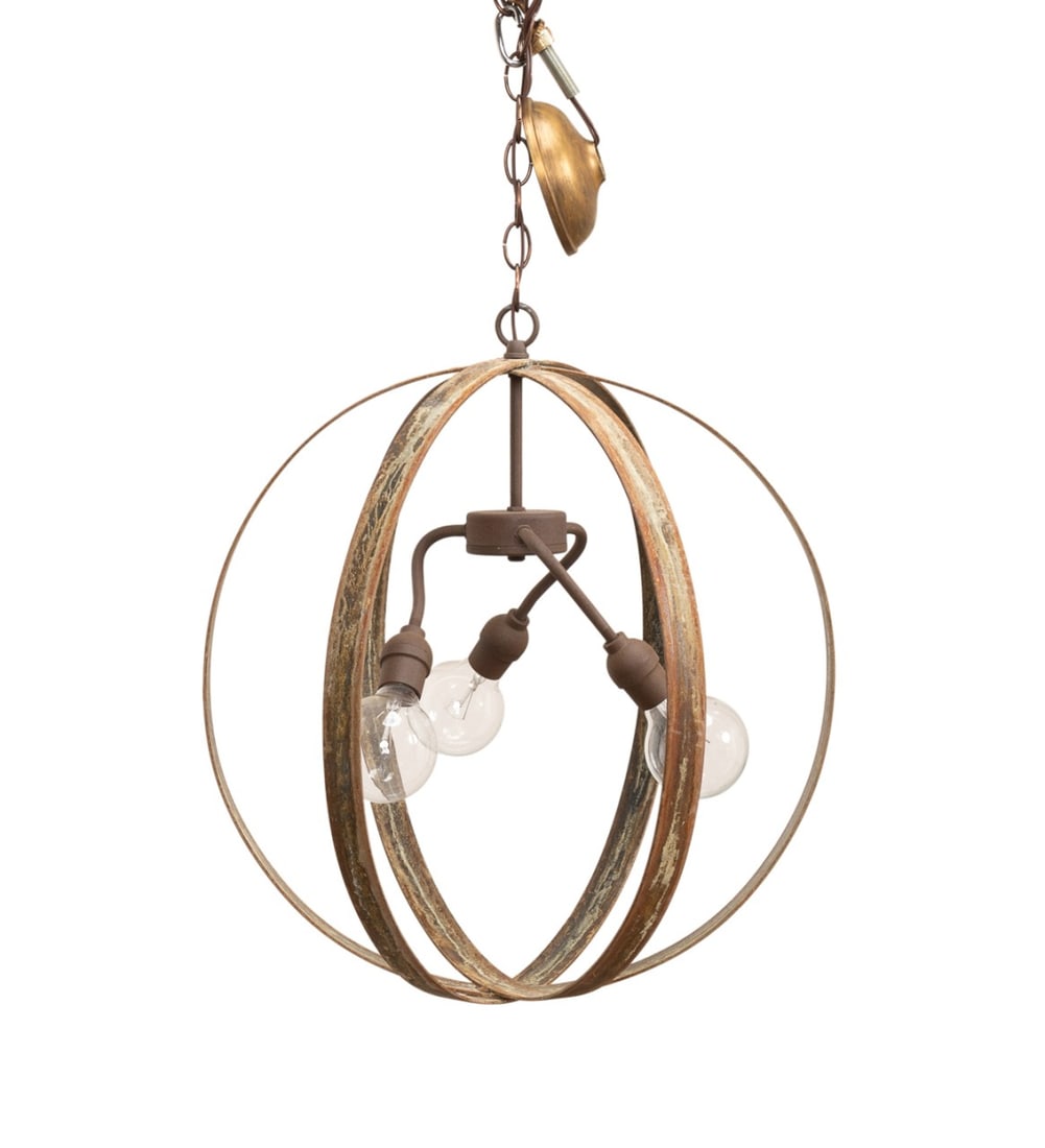 INDUSTRIAL STYLE IRON SPHERE 3-LIGHT CHANDELIER: American, late 20th century. Vintage Industrial style steel orb three-light chandelier, having large distressed concentric steel rings, apparently unmarked. Approximate dimensions: top of ring h.