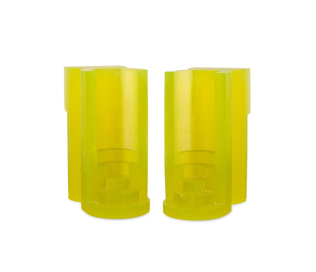 TWO LARGE GREEN TRANSLUCENT GLASS SCULPTURES: American or European, late 20th to early 21st century. Pair of large yellow-green translucent abstract glass sculptures, apparently unmarked. Provenance: Private Collection of an Esteemed Gentleman, A