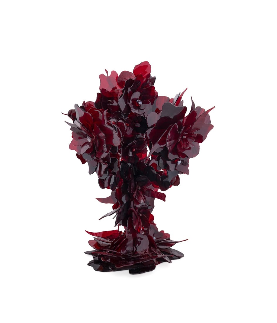 RED GLASS SHARD FLORAL MOTIF CANDELABRA: Large red glass floral motif candelabra, having dark red textured and smooth glass shards, apparently unmarked. Provenance: Private Collection of an Esteemed Gentleman, Atlanta, GA. Approximate dimens