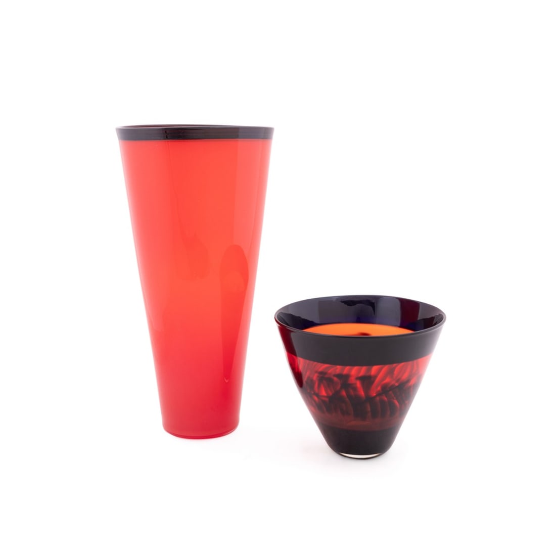 TWO RED AND BLACK GLASS VESSELS, MILLS & PENMAN (1 of 9)