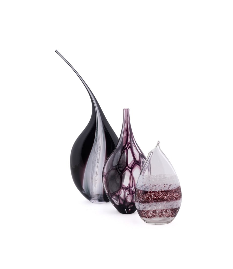 GROUP OF THREE GLASS VASES, CLEAR & MAROON (1 of 9)