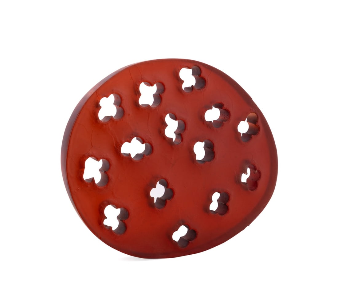 LARGE RED ART GLASS SCULPTURE W/ QUATREFOIL DESIGN (1 of 9)