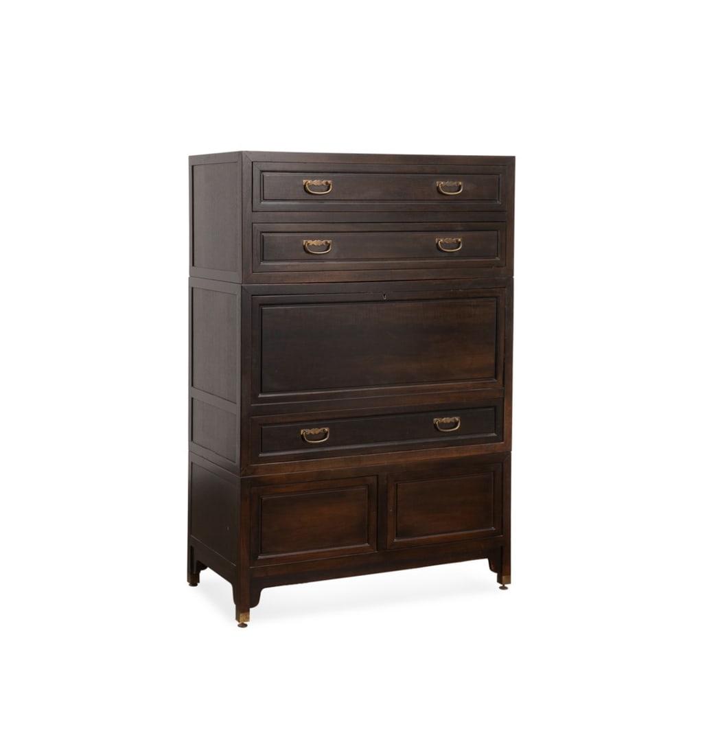 TAYLOR FOR BAKER 'FAR EAST' DROP FRONT SECRETARY: Michael Taylor (American, 1927-1986) for Baker Furniture (American, founded 1890), mid 20th century. Modular "Far East" Collection secretary on cabinet, having two-drawer case, over a drop front desk 