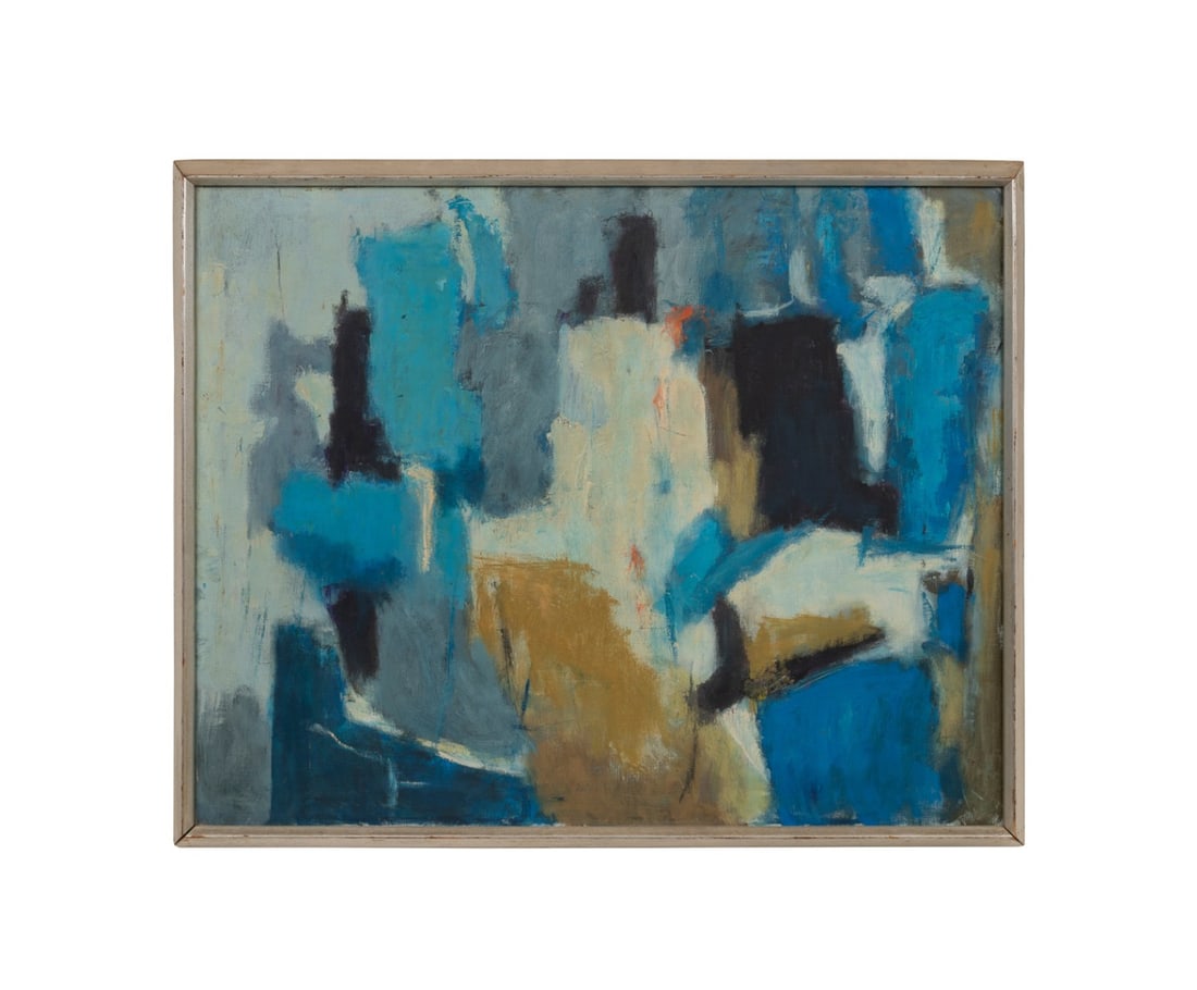 ABSTRACT IN BLUE AND GOLD, 20TH C., O/C, SIGNED (1 of 5)