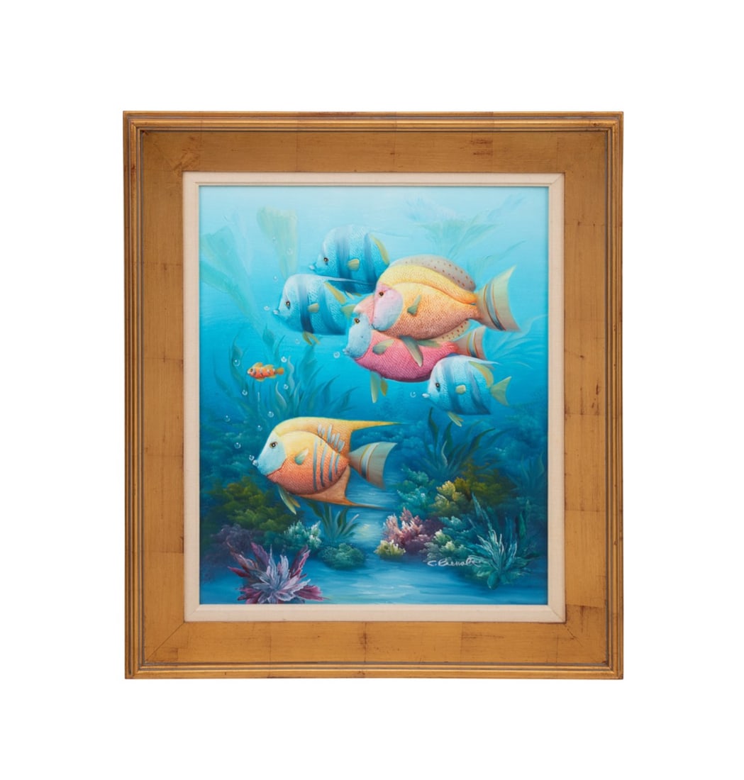 CHARLES BENOLT, COLORFUL FISH W/ 3D EFFECT, O/C: Charles Benolt (American, 20th century). Underwater seascape with colorful fish - oil with 3D effect on canvas, signed "C. Benolt" to LR. Framed. Provenance: Private Collection, Macon, GA. Approximate